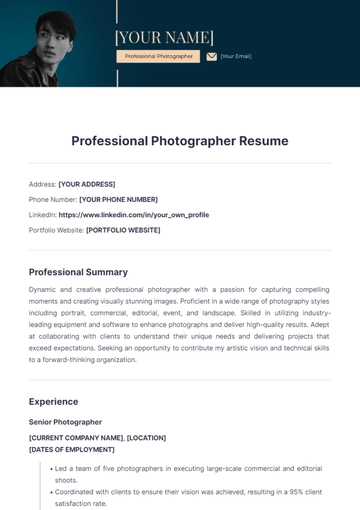 Free Professional Photographer Resume to Edit Online