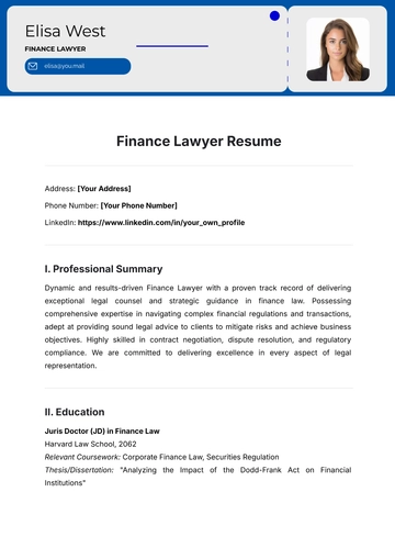 Free Finance Lawyer Resume Template to Edit Online