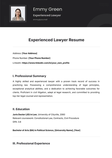 Free Experienced Lawyer Resume Template to Edit Online