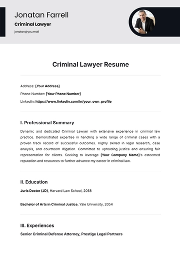Free Criminal Lawyer Resume Template to Edit Online
