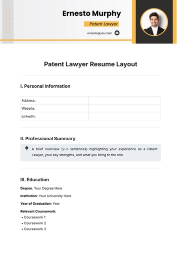 Free Patent Lawyer Resume Layout Template to Edit Online
