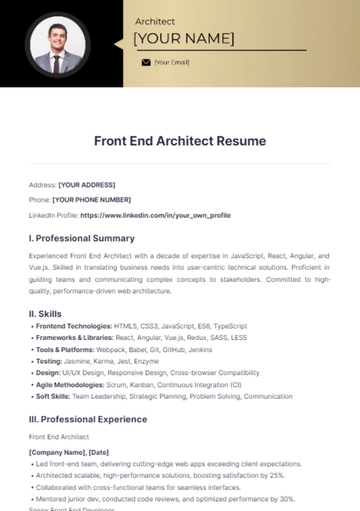 Free Front End Architect Resume to Edit Online