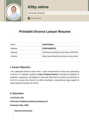 Free Printable Divorce Lawyer Resume Template to Edit Online