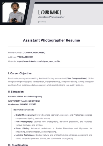 Free assistant photographer resume to Edit Online