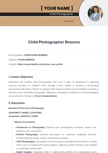 Free Child Photographer Resume to Edit Online