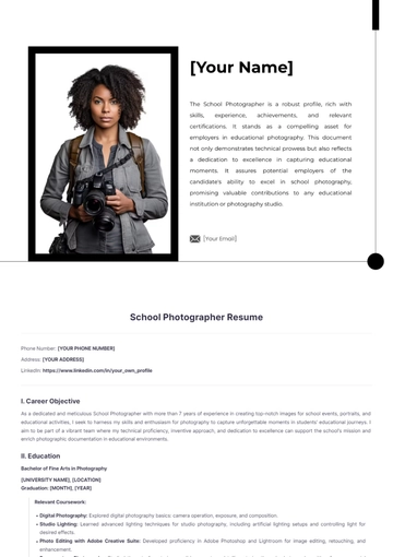 Free School Photographer Resume to Edit Online