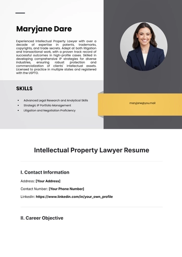 Free Intellectual Property Lawyer Resume Template to Edit Online