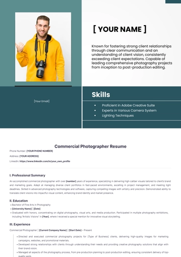 Free Commercial Photographer Resume to Edit Online
