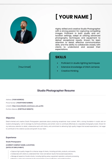 Free Studio Photographer Resume to Edit Online