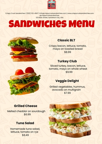 Free Sandwiches Menu Template to Edit Online