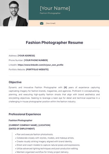 Free Fashion Photographer Resume to Edit Online