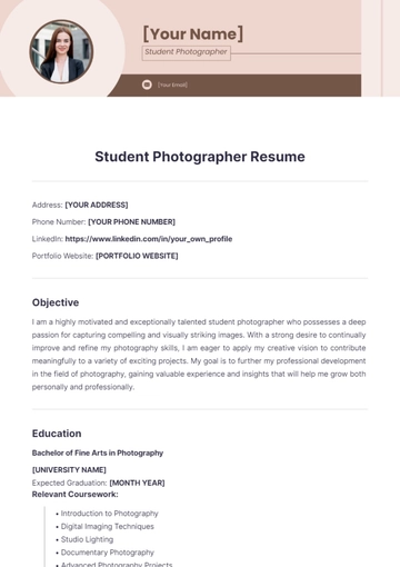 Free Student Photographer Resume to Edit Online