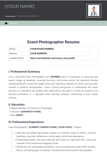 Free Event Photographer Resume to Edit Online