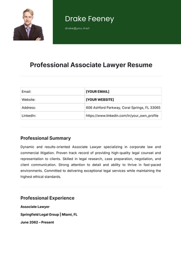 Free Professional Associate Lawyer Resume Template to Edit Online