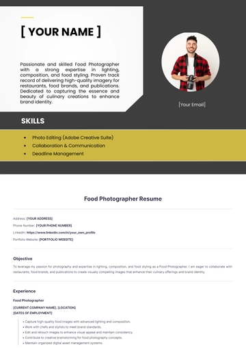 Free Food Photographer Resume to Edit Online