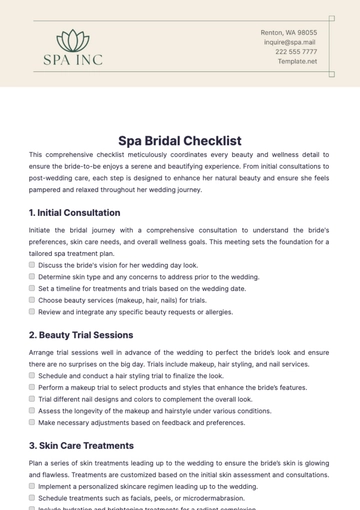 Free Spa Bridal Checklist Template to Edit Online