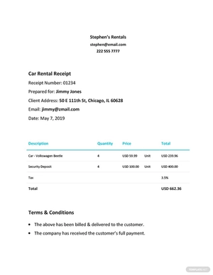 Sample Car Rental Receipt Template