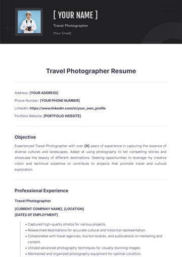 Free Travel Photographer Resume to Edit Online