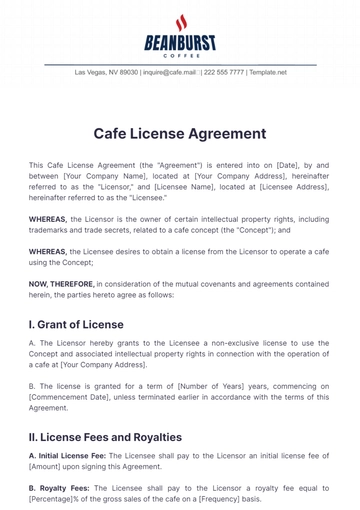 Free Cafe License Agreement Template to Edit Online