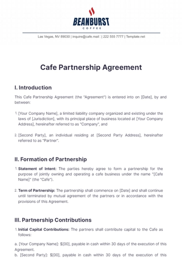 Free Cafe Partnership Agreement Template to Edit Online