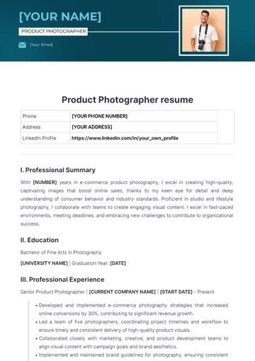 Free Product Photographer resume to Edit Online