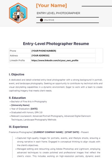 Free Entry Level Photographer Resume to Edit Online