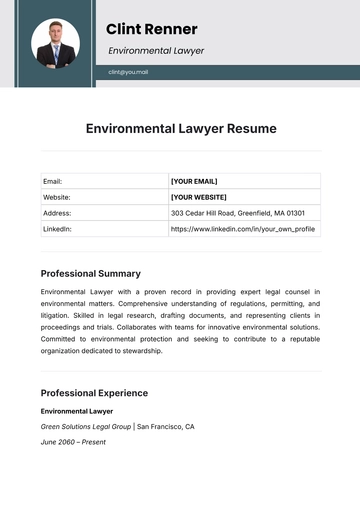 Free Environmental Lawyer Resume Template to Edit Online