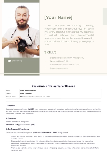 Free Experienced Photographer Resume to Edit Online