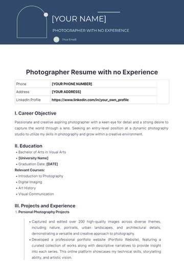 Free Photographer Resume With No Experience to Edit Online