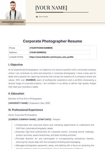 Free Corporate Photographer Resume to Edit Online