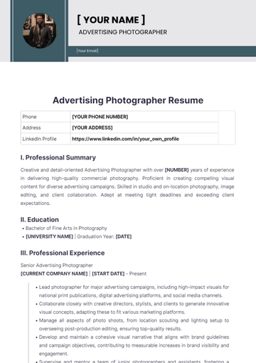 Free Advertising Photographer Resume to Edit Online
