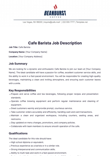 Free Cafe Barista Job Description Template to Edit Online