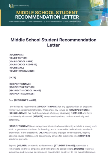 Free Middle School Student Recommendation Letter Template to Edit Online