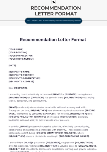 Free Recommendation Letter Format Template to Edit Online