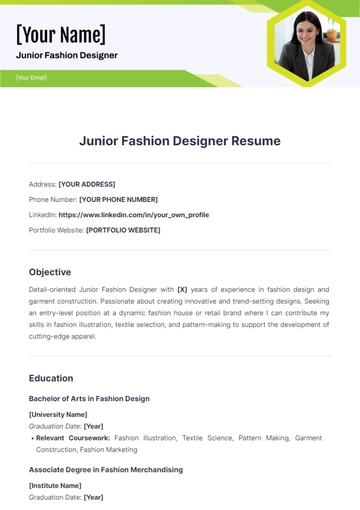 Free Junior Fashion Designer Resume to Edit Online