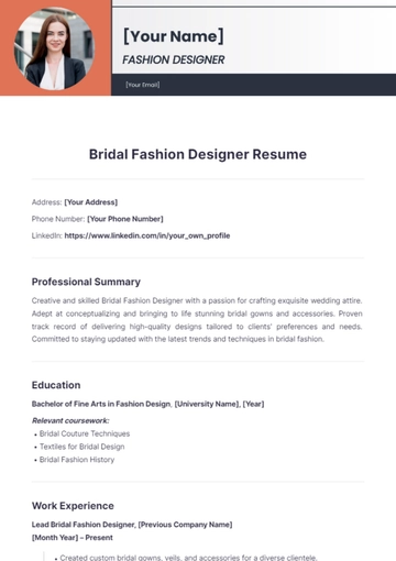 Free Bridal Fashion Designer Resume to Edit Online