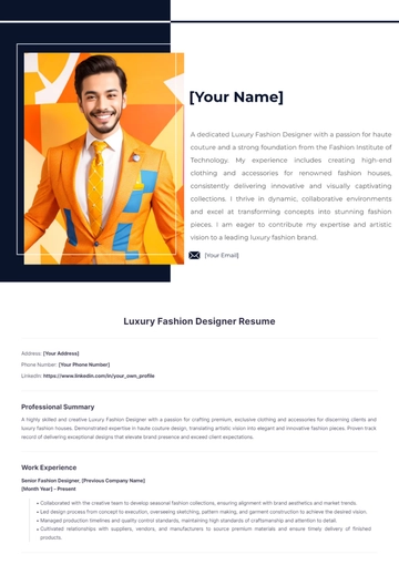 Free Luxury Fashion Designer Resume to Edit Online