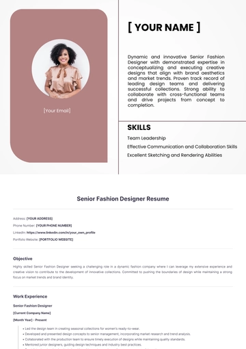 Free Senior Fashion Designer Resume to Edit Online