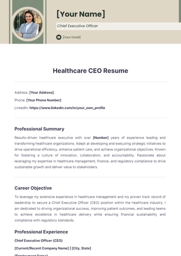 Free Healthcare CEO resume to Edit Online