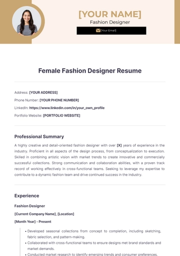 Free Female Fashion Designer Resume to Edit Online
