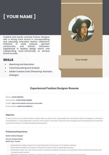 Free Experienced Fashion Designer Resume to Edit Online