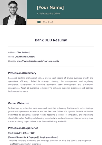Free Bank CEO resume to Edit Online