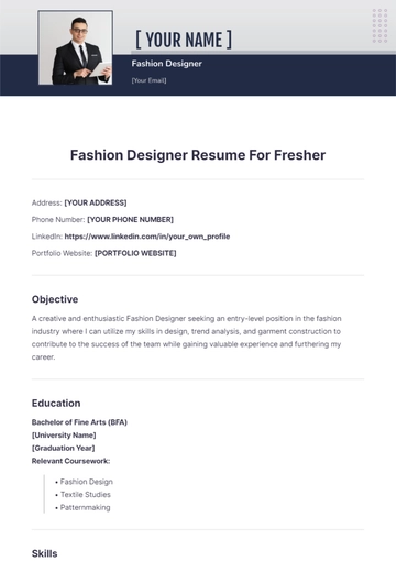 Free Fashion Designer Resume For Fresher to Edit Online