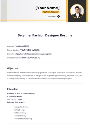 Free Beginner Fashion Designer Resume to Edit Online