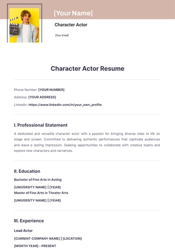 Free Character Actor Resume to Edit Online