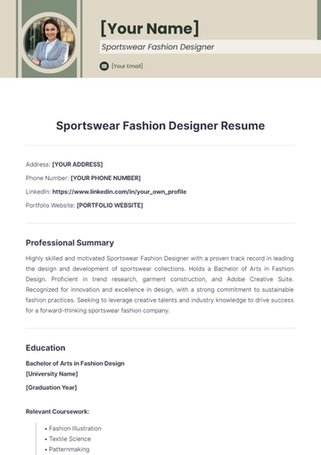 Free Sportswear Fashion Designer Resume to Edit Online