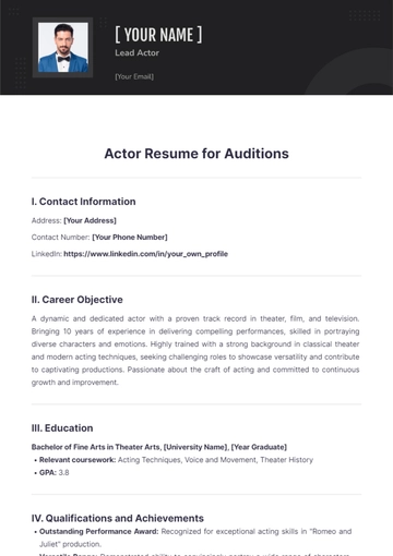 Free Actor Resume For Auditions to Edit Online