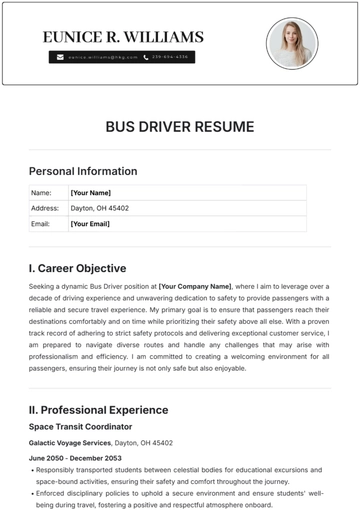 Free Bus Driver Resume Template to Edit Online