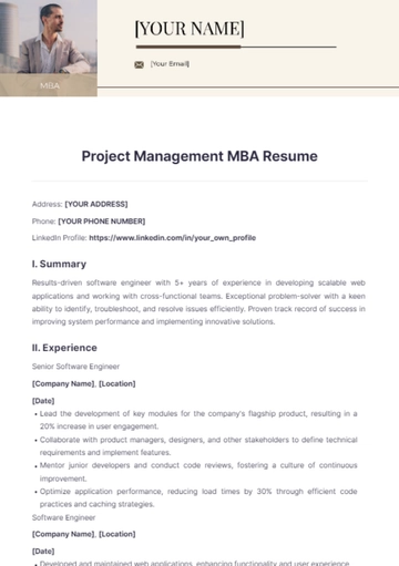 Free Project Management MBA Resume to Edit Online