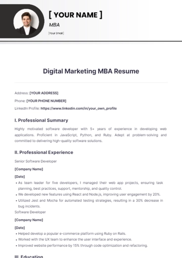 Free Digital Marketing MBA Resume to Edit Online